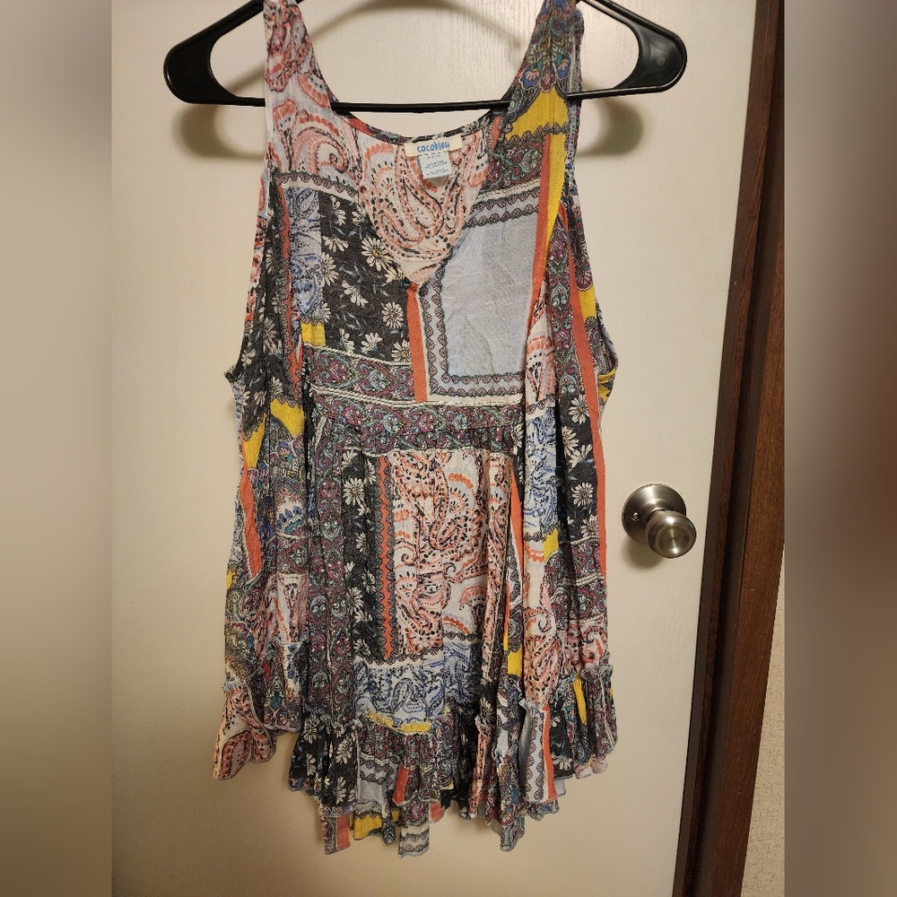 cocobleu Womens XL Top Shirt Babydoll Rayon Multicolor Sleeveless Watercolor